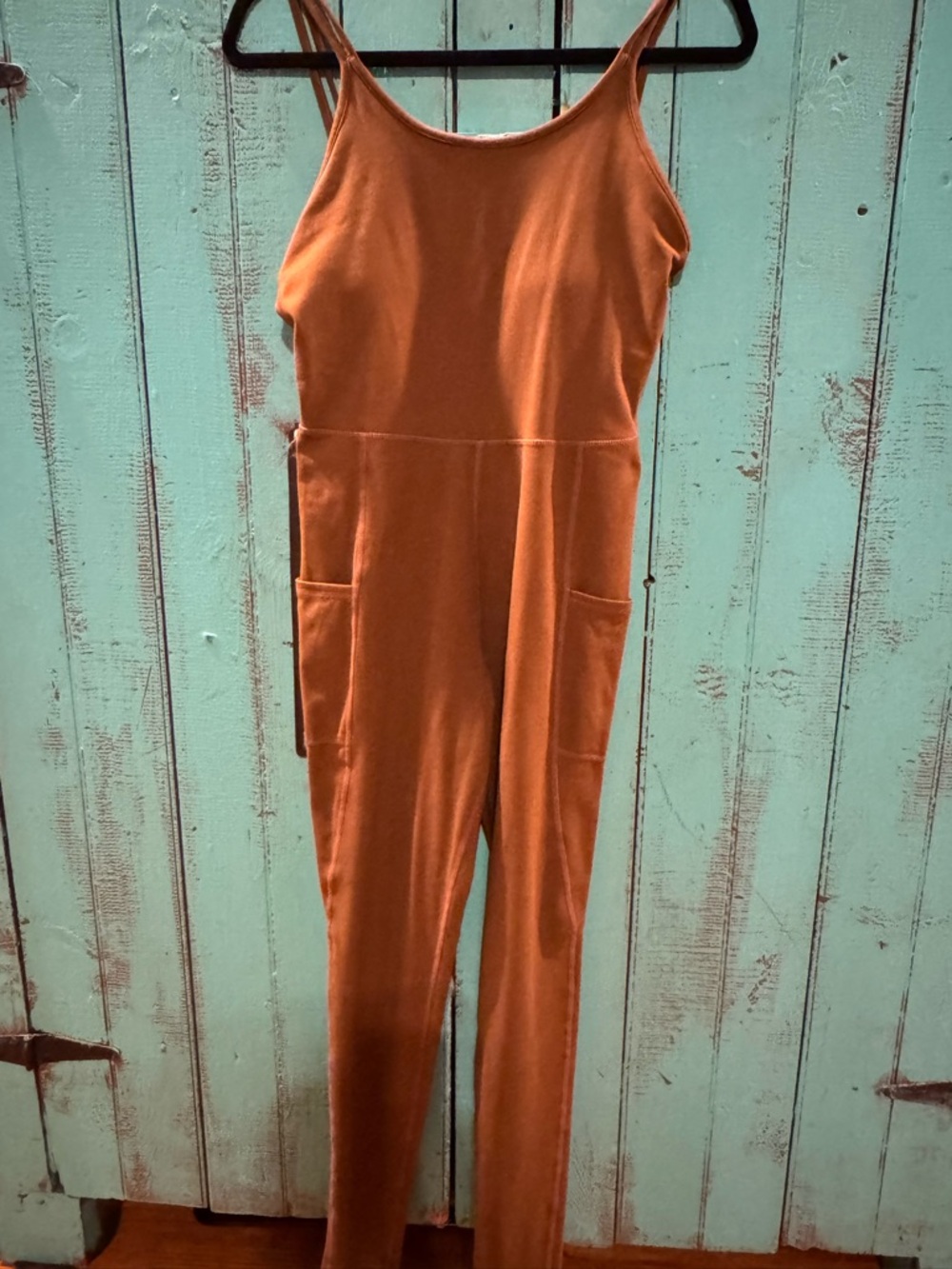 Reborn Rust-Orange Spaghetti Strap Jumpsuit with Patch Pockets